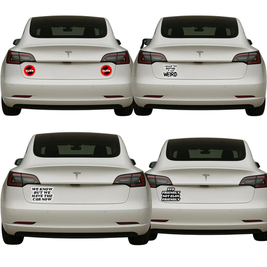 Anti Elon 5-Piece Vinyl Sticker Set– Car Stickers for Bumpers, Windows, Laptops, and More - “No Elon,” “We Have The Car Now,” “Eco Friendly Not Elon Friendly” Perfect for Tesla Drivers