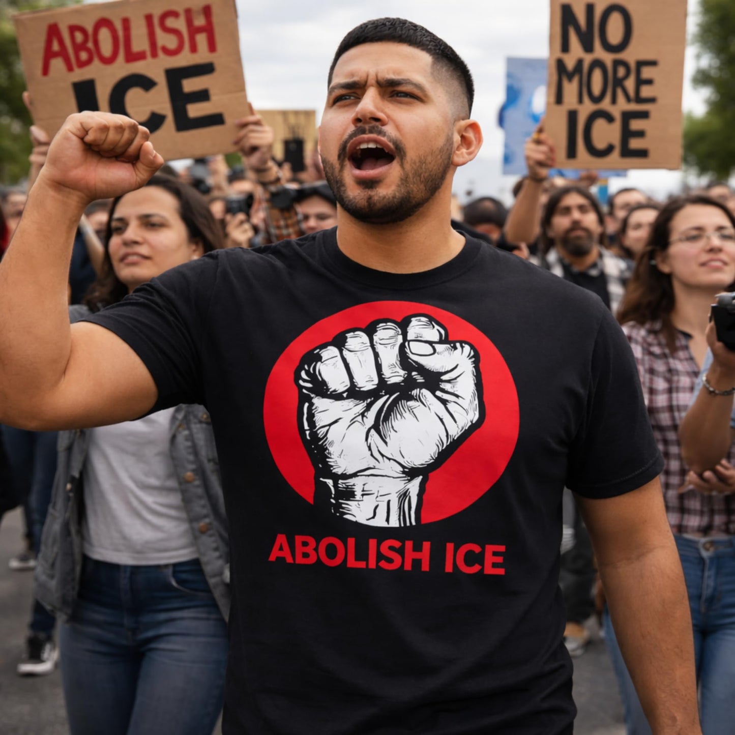Abolish ICE Protest Shirt, Black with Red Fist Graphic, Unisex Cotton Activist Streetwear T-Shirt