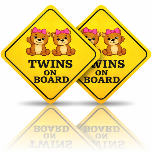 Twins On Board Sticker 2 Pack | Cute Bear Cub Baby Car Safety Sign | 7 Inch Tall Diamond Shape | Weatherproof UV Resistant Vinyl | Twin Baby Girls Warning Decal for Cars SUVs Trucks