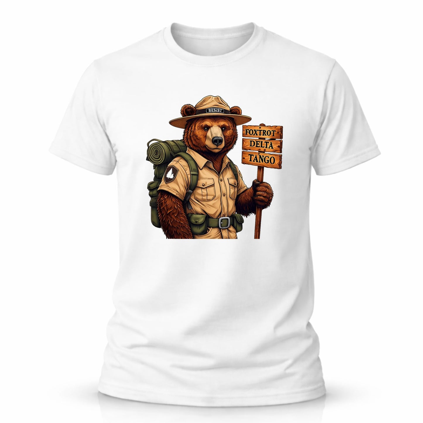 FDT Bear Ranger Graphic T-Shirt, Foxtrot Delta Tango Hiking Bear Design, 100% Cotton, Unisex Adult, Short Sleeve Crew Neck Black