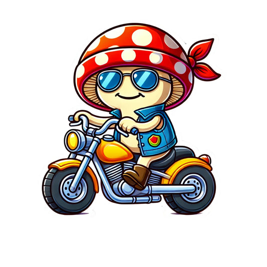 Cute Mushroom Character Motorcycle Sticker, Waterproof Vinyl Decal, Funny Biker Design for Laptops and Water Bottles by RockPaperStikrz