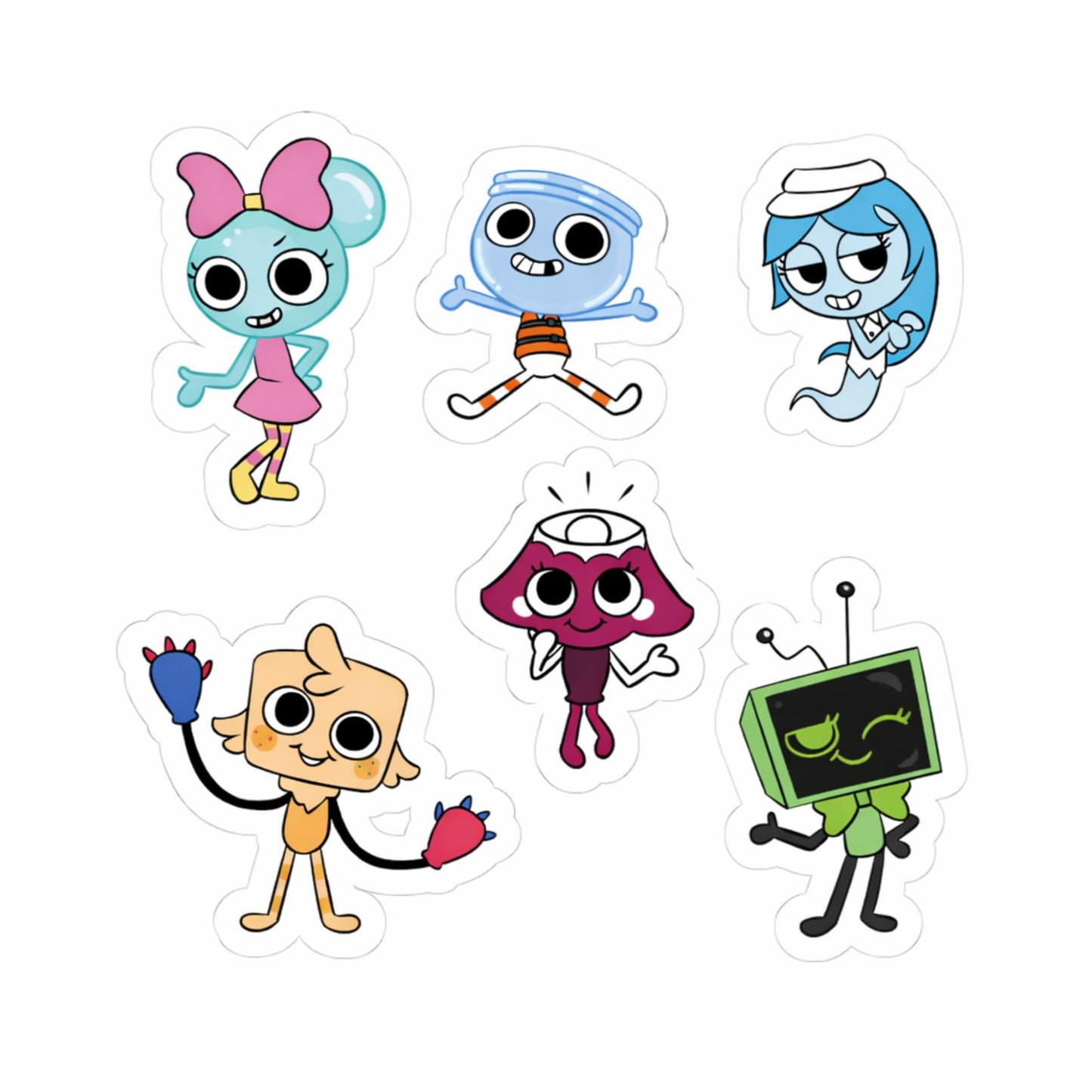 Cute Cartoon Character Stickers, 3 Inch Die Cut Vinyl, 6 Pack, Waterproof Durable for Laptop Water Bottle Phone Case