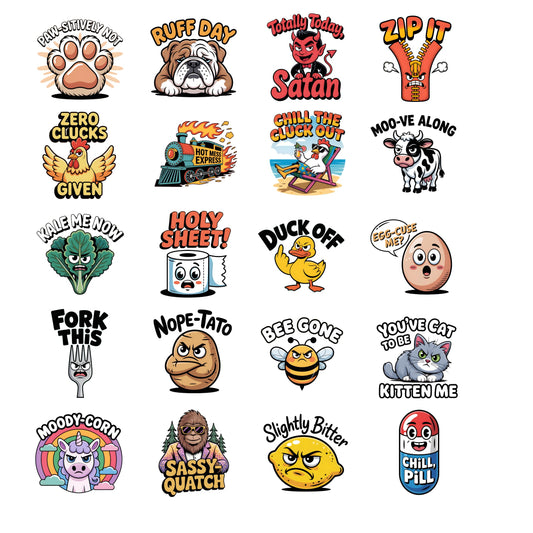 RockPaperStikrz Funny Pun Sticker Pack, 20 Piece Die Cut Vinyl Decals, Multicolor Glossy Finish, Sarcastic Animal and Meme Designs for Laptops, Water Bottles, Notebooks