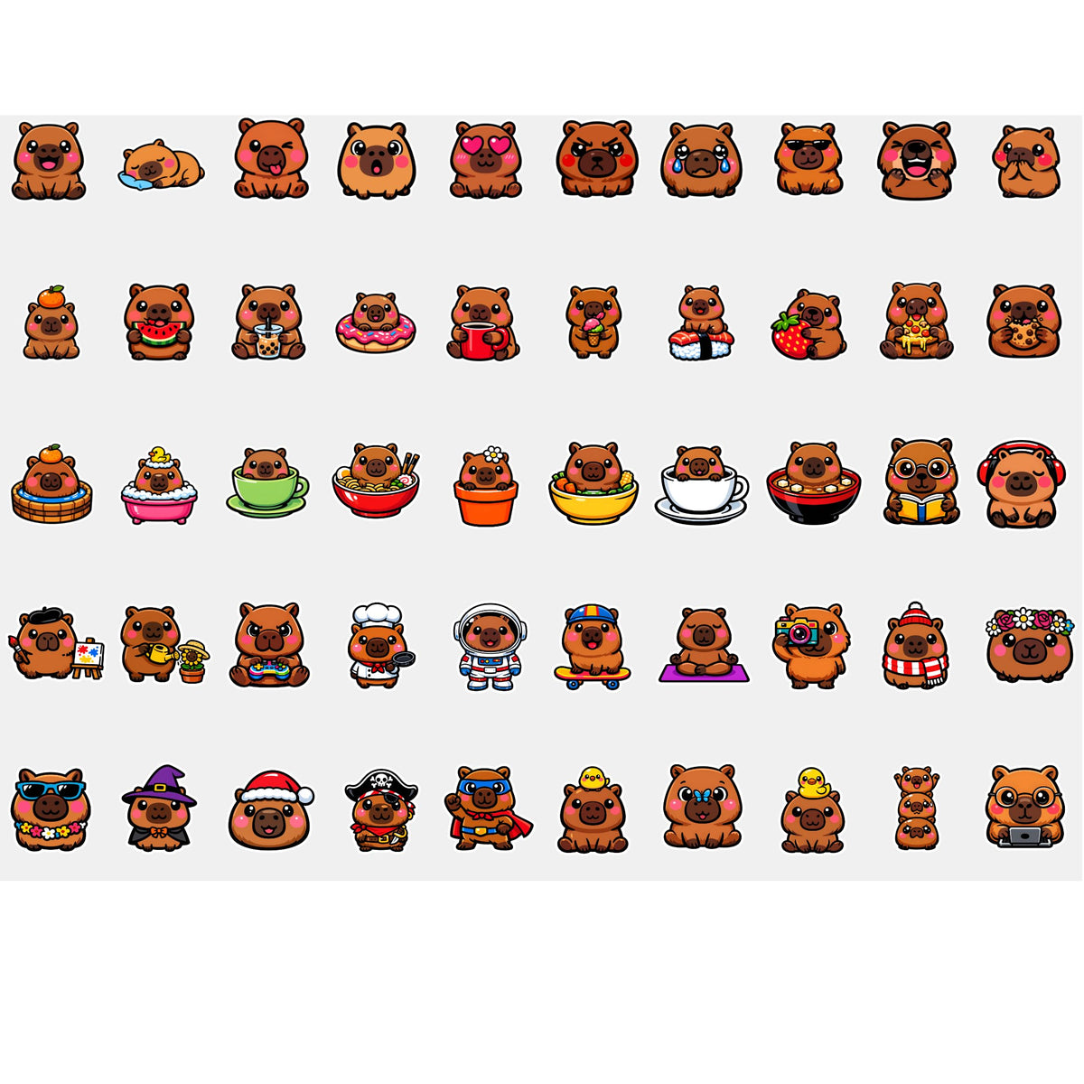 Kawaii Capybara Stickers, 50 Pack Cute 2 Inch Waterproof Vinyl Decals for Water Bottles, Laptops, Journals, and Party Favors