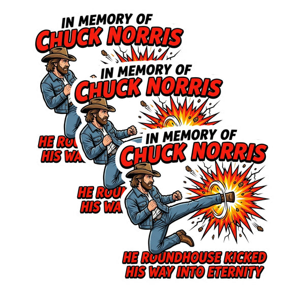 Chuck Norris Memorial Stickers 3 Pack, 3 Inch Roundhouse Kick Decal Set, Funny Legend Never Dies Vinyl Stickers for Car, Truck, Laptop, Tumbler