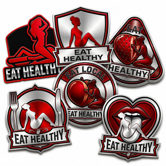 Eat Healthy Adult Humor Sticker Pack, 6 Piece Set of 3 Inch Waterproof Vinyl Decals, Funny Suggestive Red Black and Silver Stickers for Tumblers, Laptops, Toolboxes, Coolers and Water Bottles