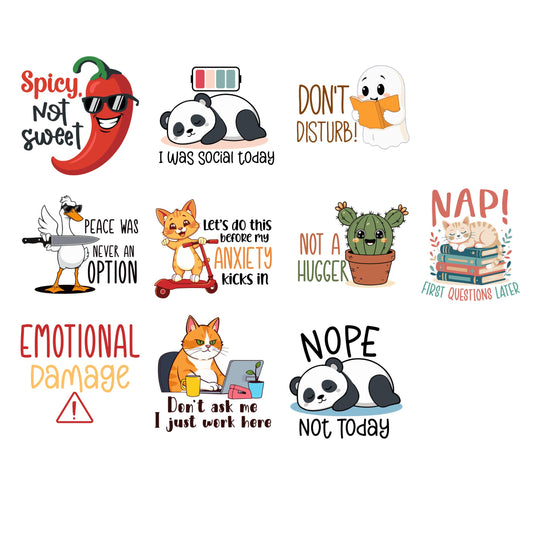 RockPaperStikrz Funny Cute Vinyl Stickers, 10 Pack, 3 Inch, Multicolor Cartoon Decals for Laptop, Water Bottle, Notebook, Phone