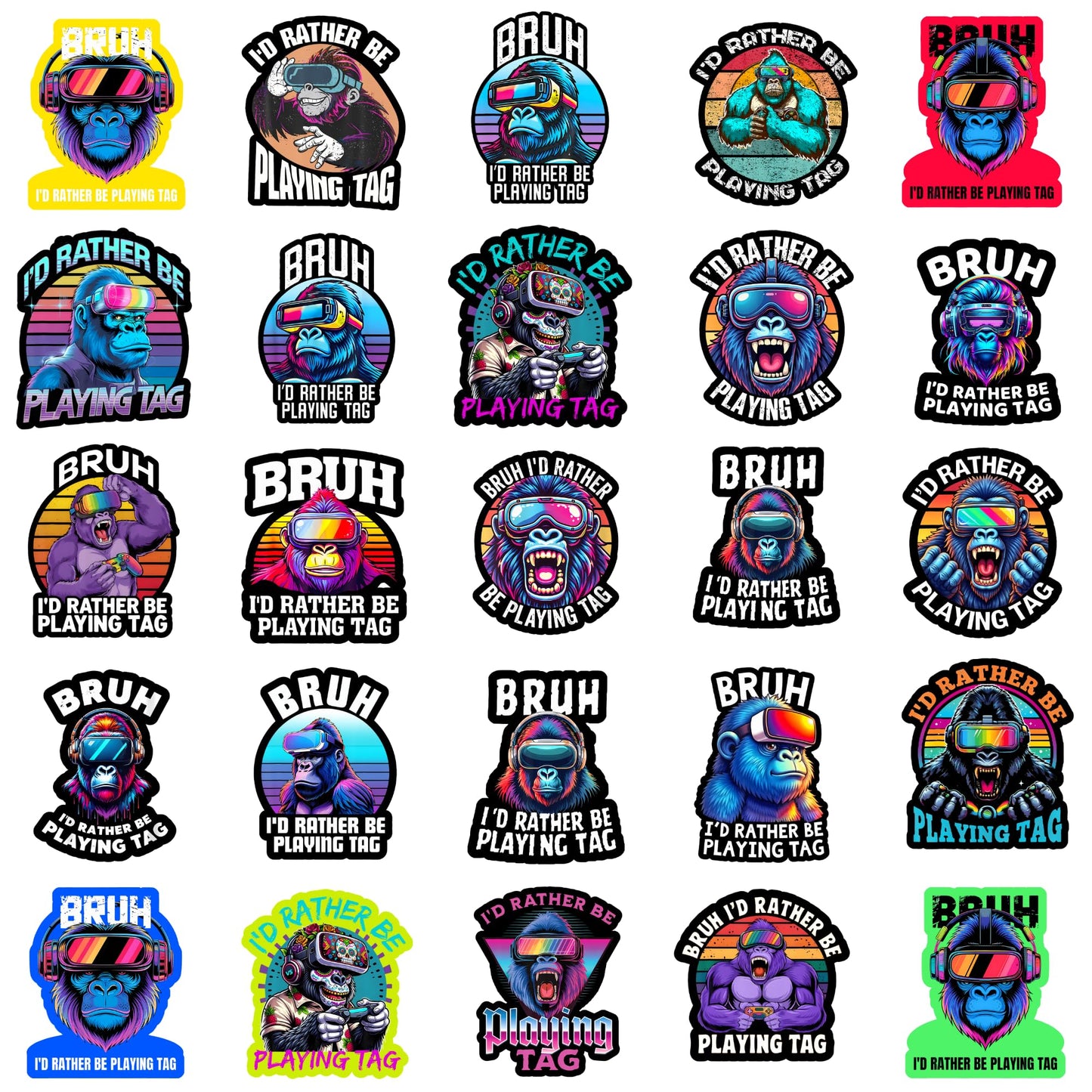 Bruh I'd Rather Be Playing Tag Gorilla Sticker Pack 25 Pack 2 Inch Die Cut Vinyl Stickers, Decals for Laptop Water Bottle Controller Console