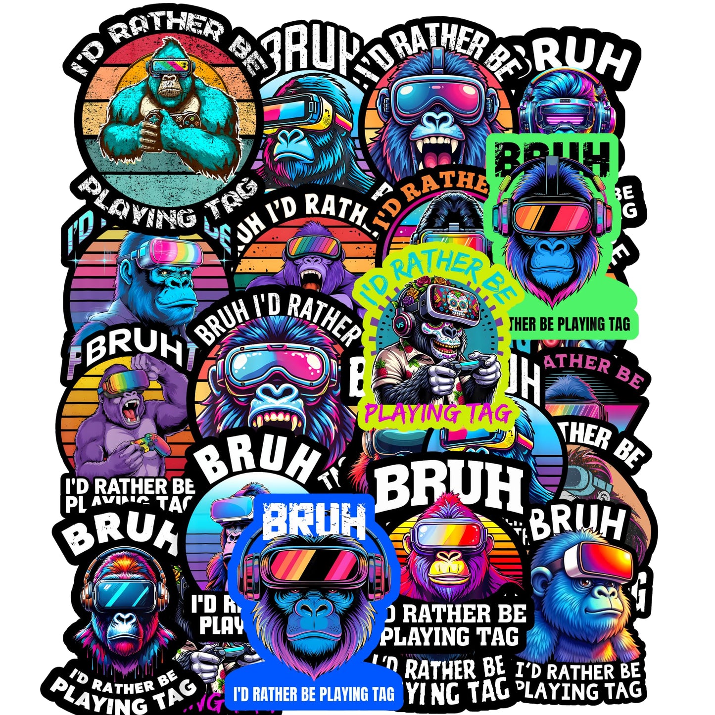 Bruh I'd Rather Be Playing Tag Gorilla Sticker Pack 25 Pack 2 Inch Die Cut Vinyl Stickers, Decals for Laptop Water Bottle Controller Console