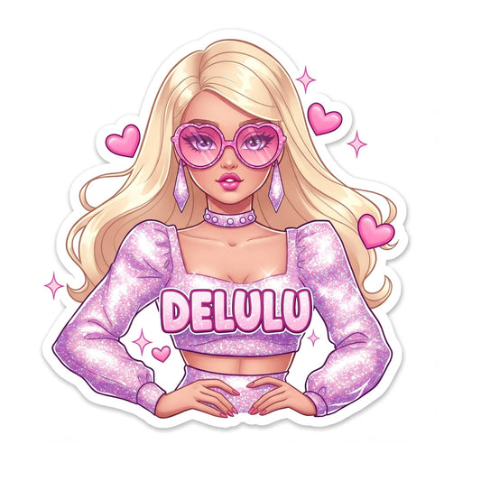 Delulu Vinyl Sticker, Sparkly Pink Fashion Design, 3 x 2.75 inches