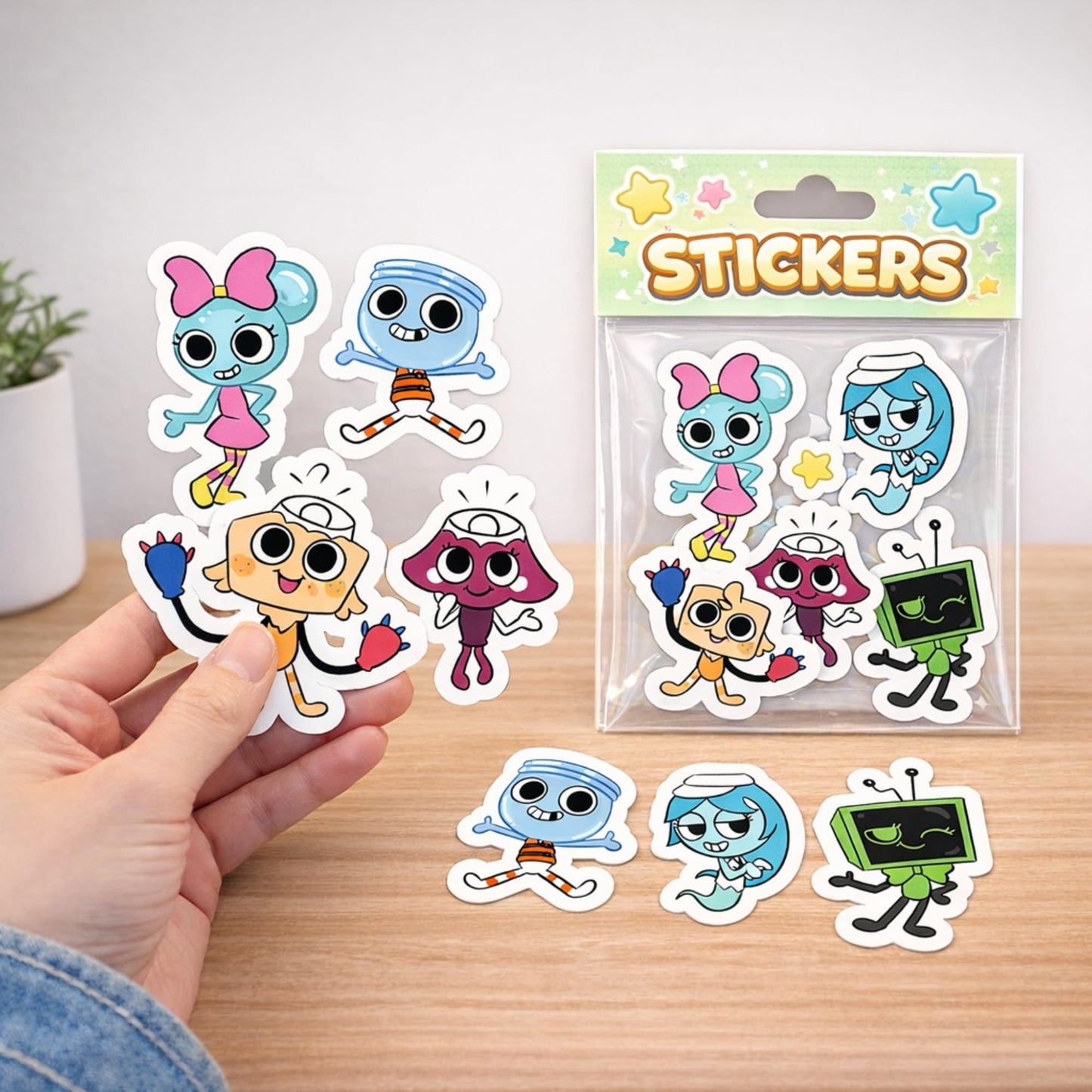 Cute Cartoon Character Stickers, 3 Inch Die Cut Vinyl, 6 Pack, Waterproof Durable for Laptop Water Bottle Phone Case