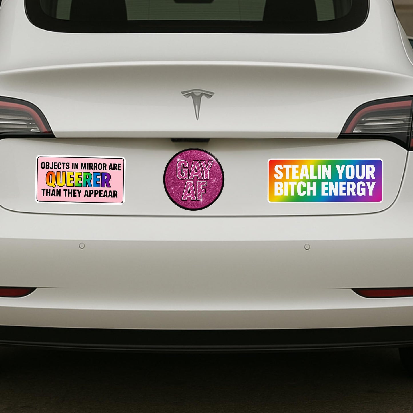 “Pride Humor Bumper Sticker Pack (3-Pack) – Gay AF 5″ / Queerer 8×3.5″ / Stealin Your Bitch Energy 9×3″”
