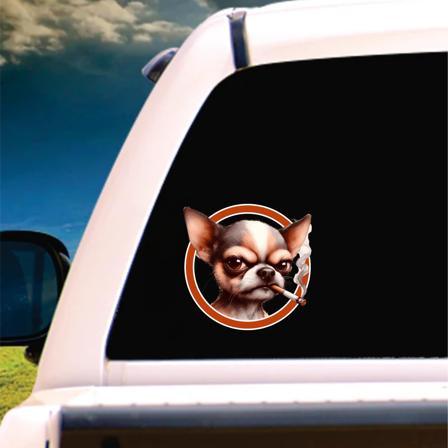 Funny Smoking Chihuahua Vinyl Decal, 6 Inch, Angry Dog Bumper Sticker for Cars, Trucks, Laptops, Windows