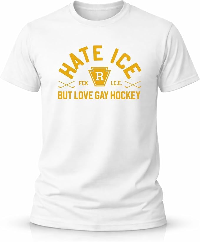 Hate ICE But Love Gay Hockey Graphic T-Shirt, Unisex Cotton Crew Neck Tee, Short Sleeve Sports Fan Shirt Black