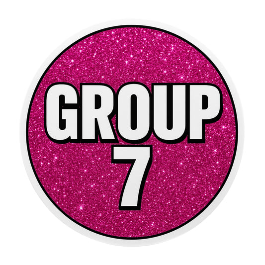 Group 7 Sticker – Viral TikTok Trend | Hot Pink Glitter Vinyl | Bold White Text | 5-Inch Glossy Die-Cut Circle | Laptop, Car, Tumbler, Water Bottle Sticker | Group 7 Aesthetic Decor