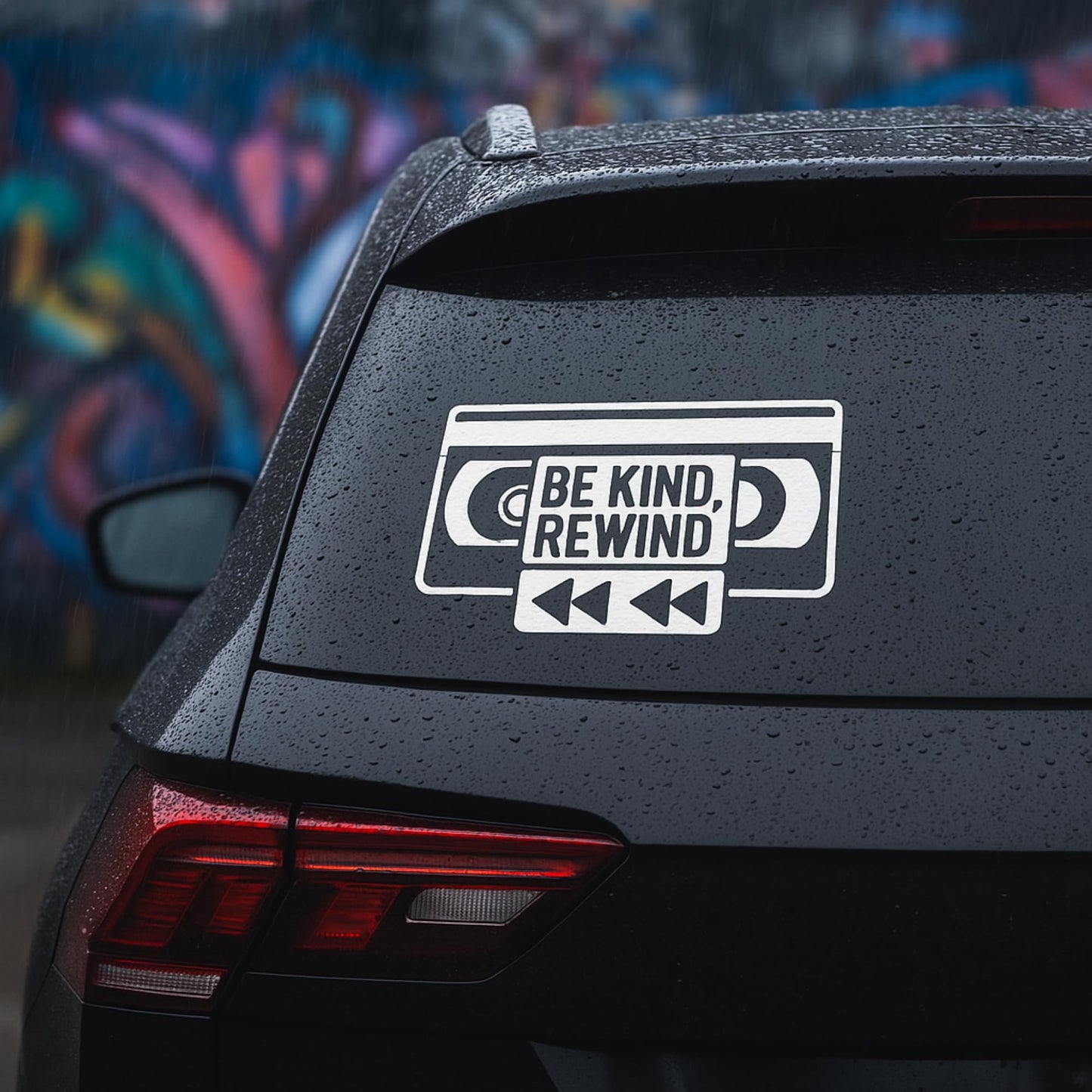 Be Kind Rewind Decal – 7" x 3" White Retro VHS Tape Sticker for Car Windows, Laptops, Water Bottles – 80s Nostalgia Vinyl Design