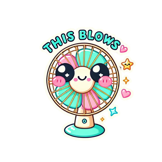 Kawaii Fan Sticker – “This Blows” Cute Retro Decal Sticker for Laptops, Water Bottles, and More! (3 Inch)