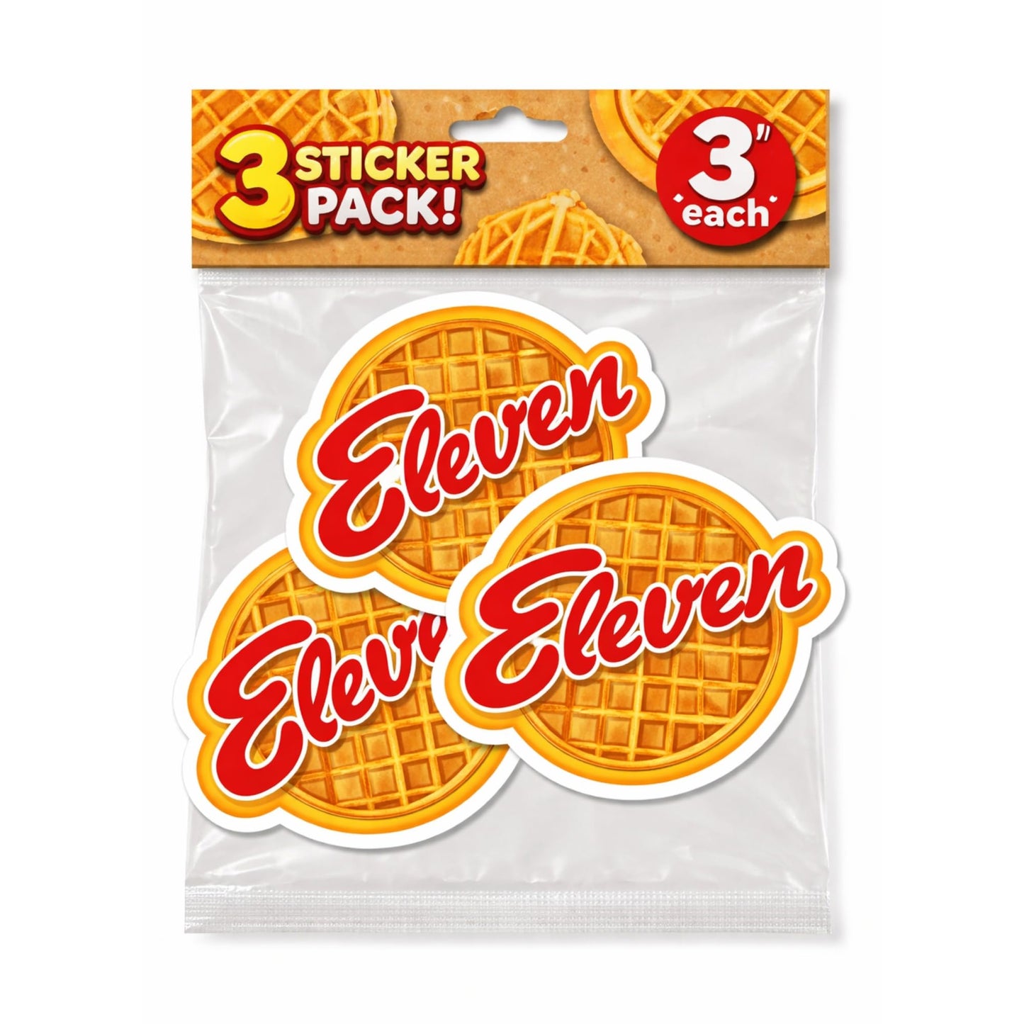 Eleven Waffle Style Stickers, 3 Inch Waterproof Vinyl Die Cut Decals, 3 Pack for Phone Laptop Water Bottle