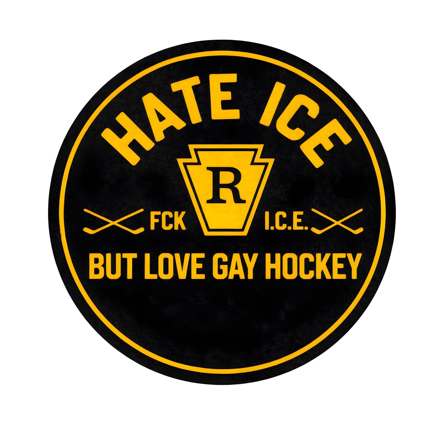 Hate Ice But Love Gay Hockey Vinyl Sticker, Waterproof Round Decal, Black and Yellow, 3 Inch or 5 Inch, 1 Pack or 3 Pack, for Laptop Water Bottle Car Bumper Tumbler