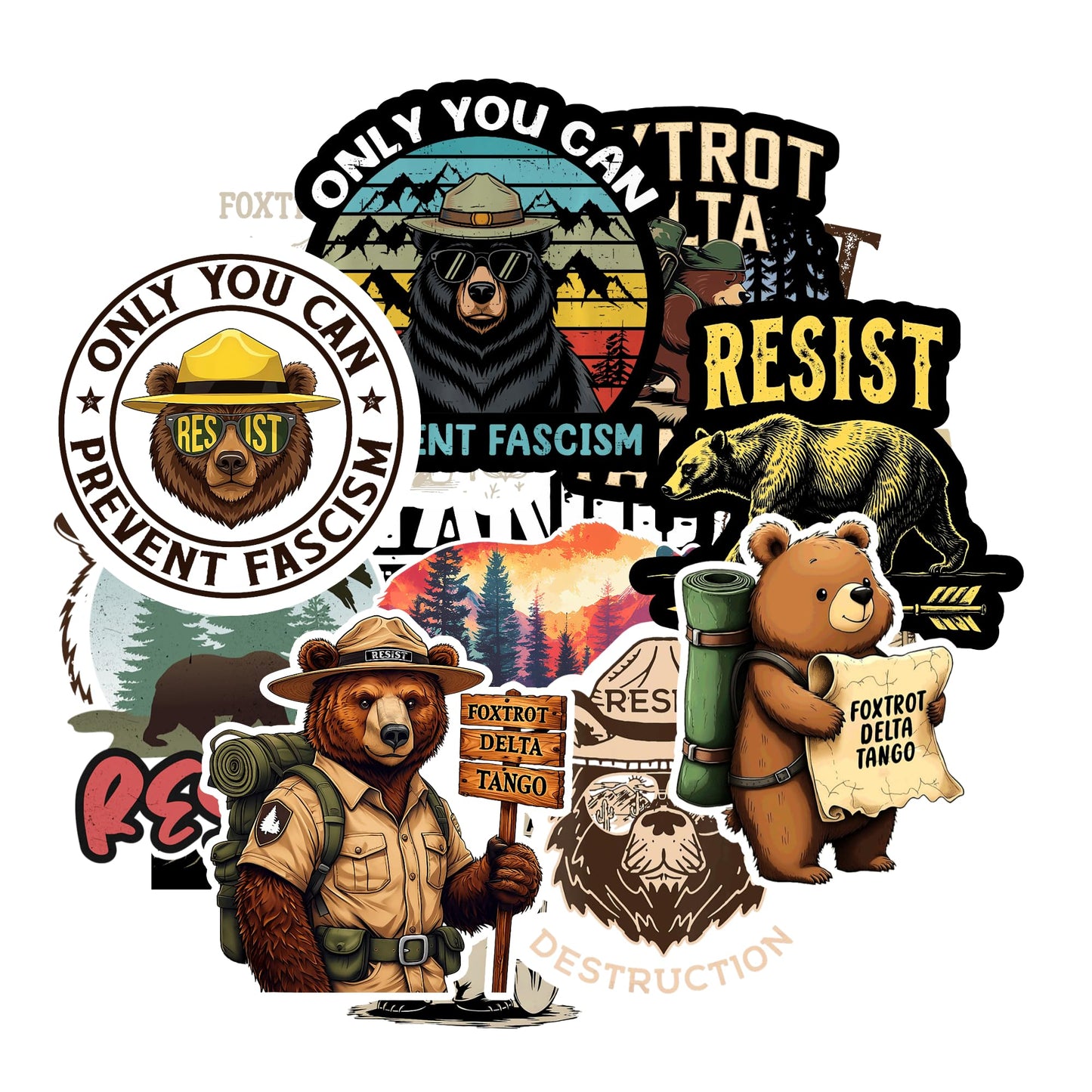 FDT Foxtrot Delta Tango Resist Bear Stickers 16 Pack – 3 Inch Waterproof Vinyl – Anti Fascism Only You Can Resist Bear Decals for Laptop Phone Water Bottle Car