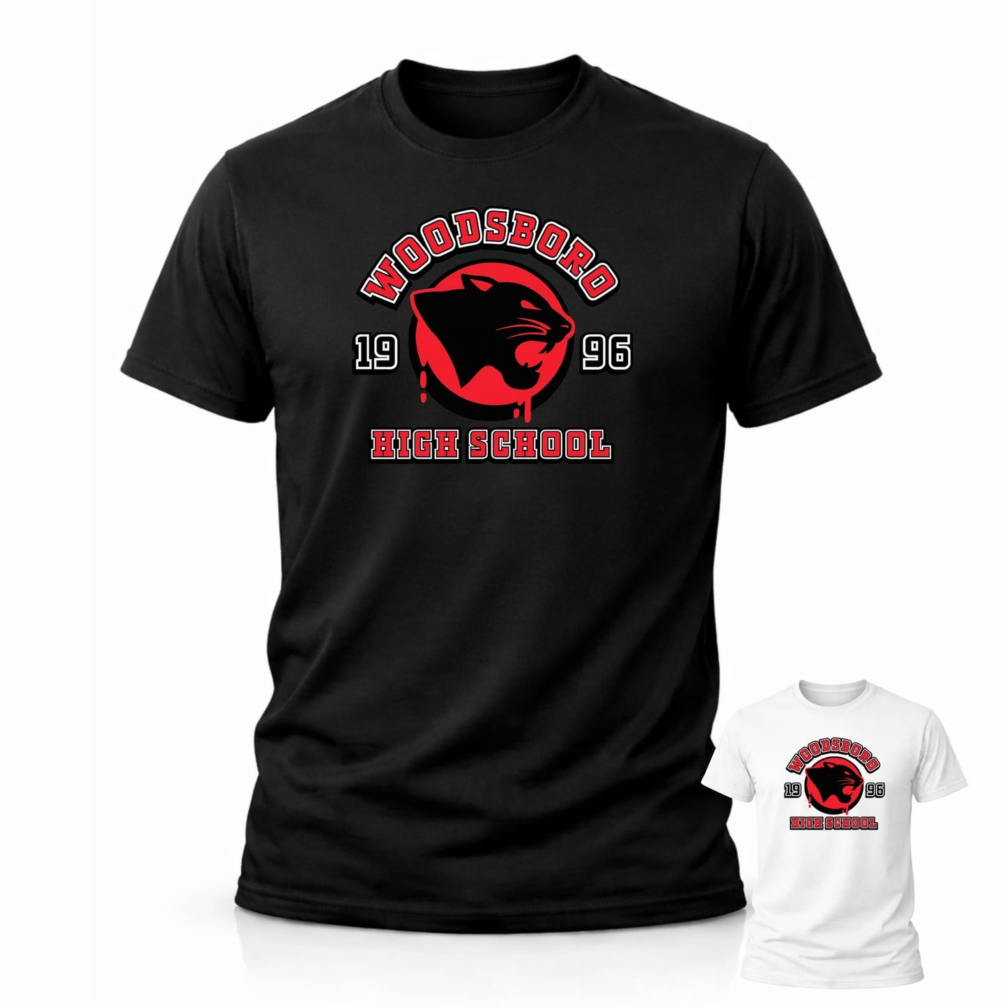 RockPaperStikrz Woodsboro High School Graphic T-Shirt, 1996 Design, Men 100%-Cotton Crew Neck Short Sleeve Tee Black, White