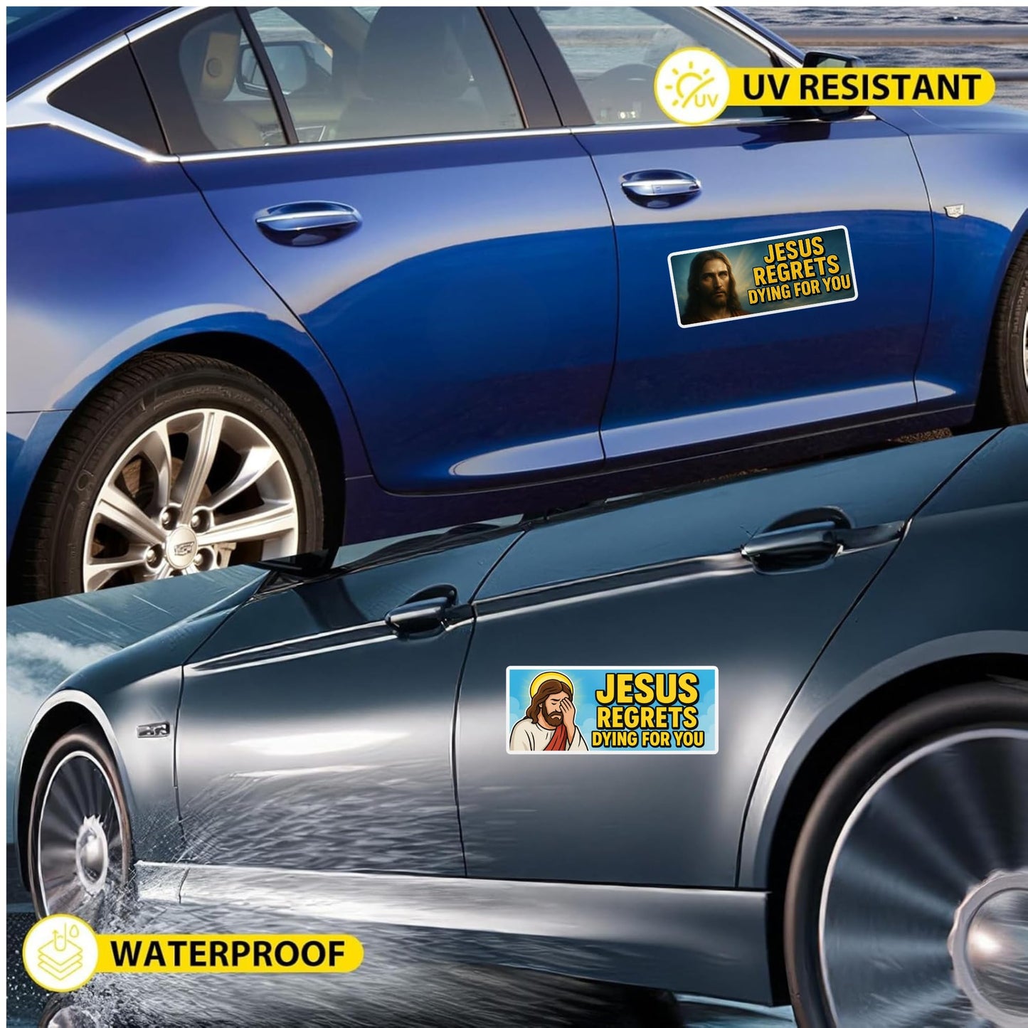 Jesus Inspirational Parody Vinyl Bumper Stickers, 8x3 Inch, UV Resistant, Glossy Finish, Multicolor Design for Cars and Outdoor Use, 2-Pack
