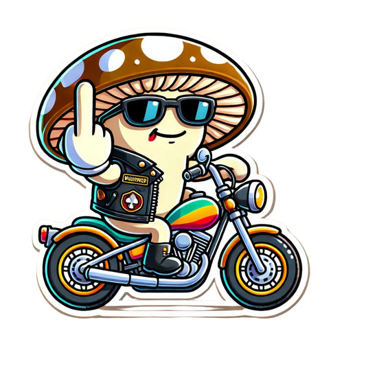 Funny Mushroom Biker Vinyl Sticker, Cartoon Design for Laptops and Water Bottles