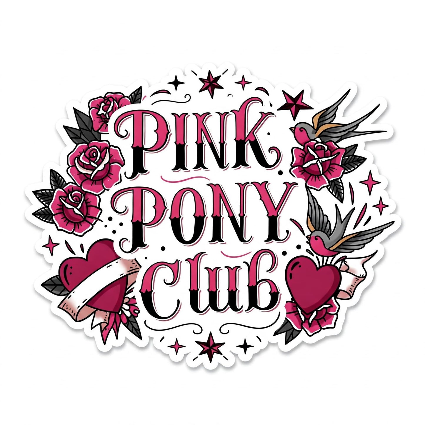Pink Pony Club Tattoo Art Vinyl Sticker, 3 inches, Classic Rose Hearts Design
