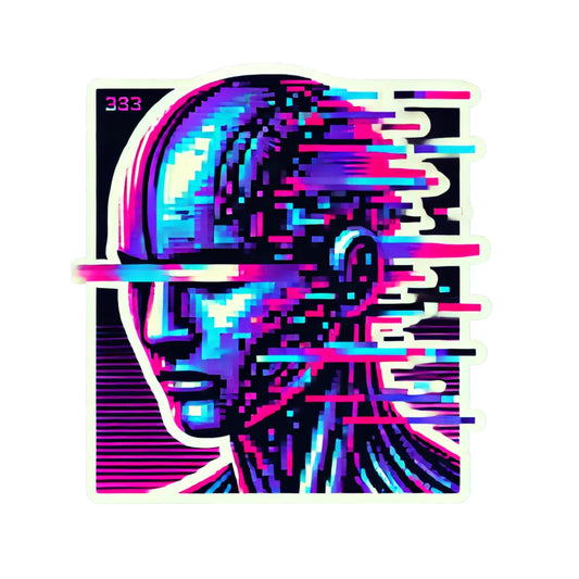 Glitched Face Sticker Digital Art Sticker, Glitch Effect Portrait, Neon Pink and Blue, 333 Series, 3 inch Vinyl