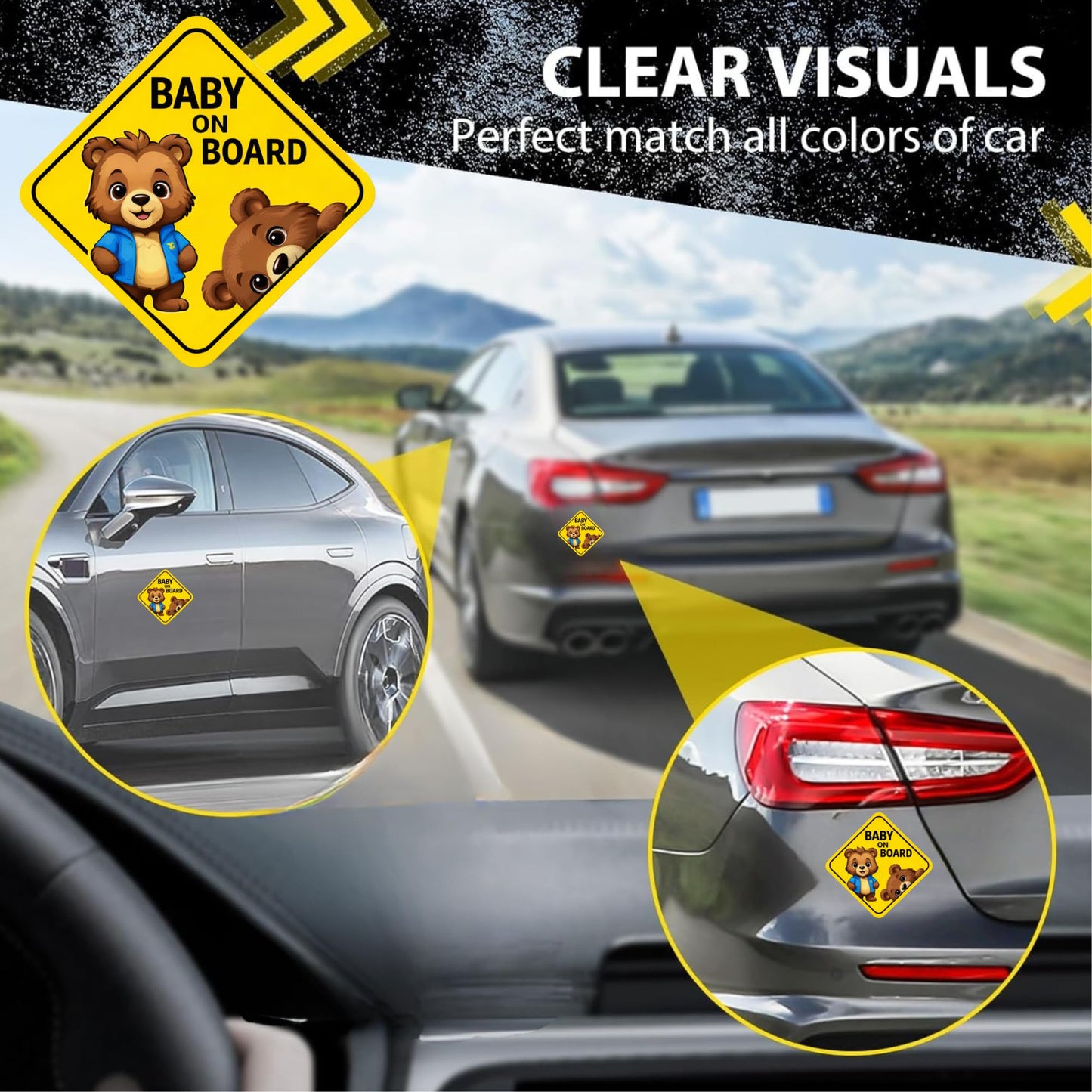 Baby on Board Bear Magnet 2 Pack, 7 Inch Tall Diamond Car Magnets, Strong Commercial Grade Magnetic Backing, Weather Resistant Fade Proof Vinyl, Cute Cub Safety Sign for Vehicles (5" x 5")