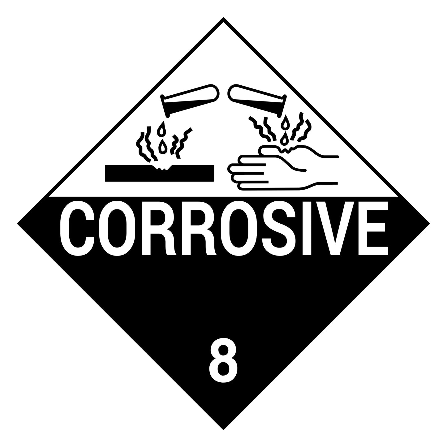Corrosive Class 8 Placard – 10.75” Hazard Warning Label – Black & White Diamond Safety Sticker for Transport & Warehouse Use – Industrial Grade Cast Vinyl with UV Laminate.