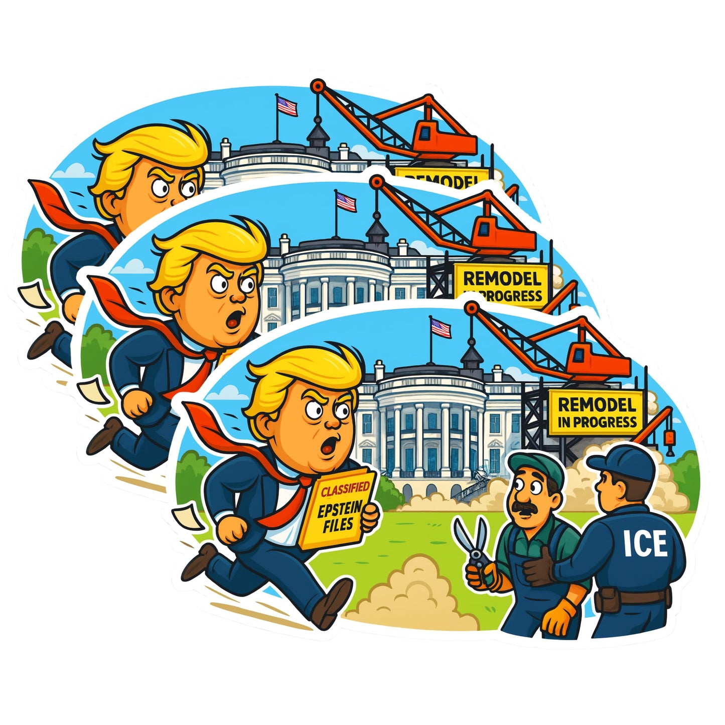 Trump “Epstein Files” Sticker 3-Pack – Funny Political Parody Vinyl Decals (3-Inch Each) | Cartoon White House Chaos | Glossy Waterproof Satire Stickers for Laptop, Car & Water Bottle