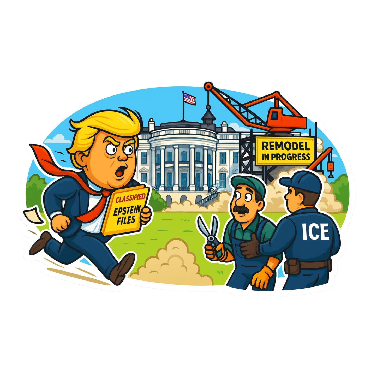 Political Satire Cartoon Sticker, 5 Inch Vinyl Decal, White House Remodel Design, Glossy Die-Cut for Laptop, Car, Water Bottle