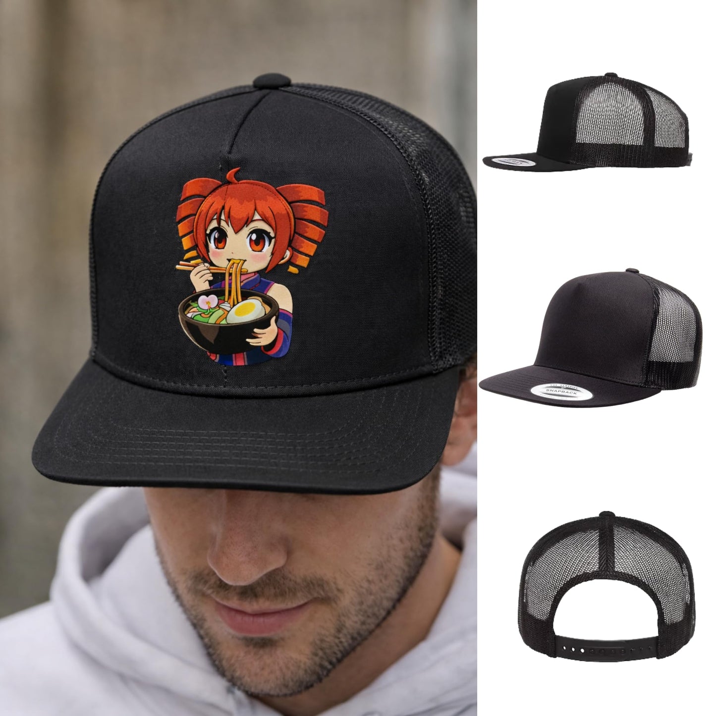 Black Trucker Snapback Hat with Ramen Time! Anime Graphic, Mesh Back, Structured Fit, Adjustable Closure