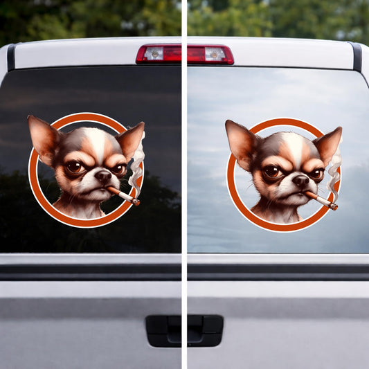 Funny Smoking Chihuahua Vinyl Decal, 6 Inch, Angry Dog Bumper Sticker for Cars, Trucks, Laptops, Windows