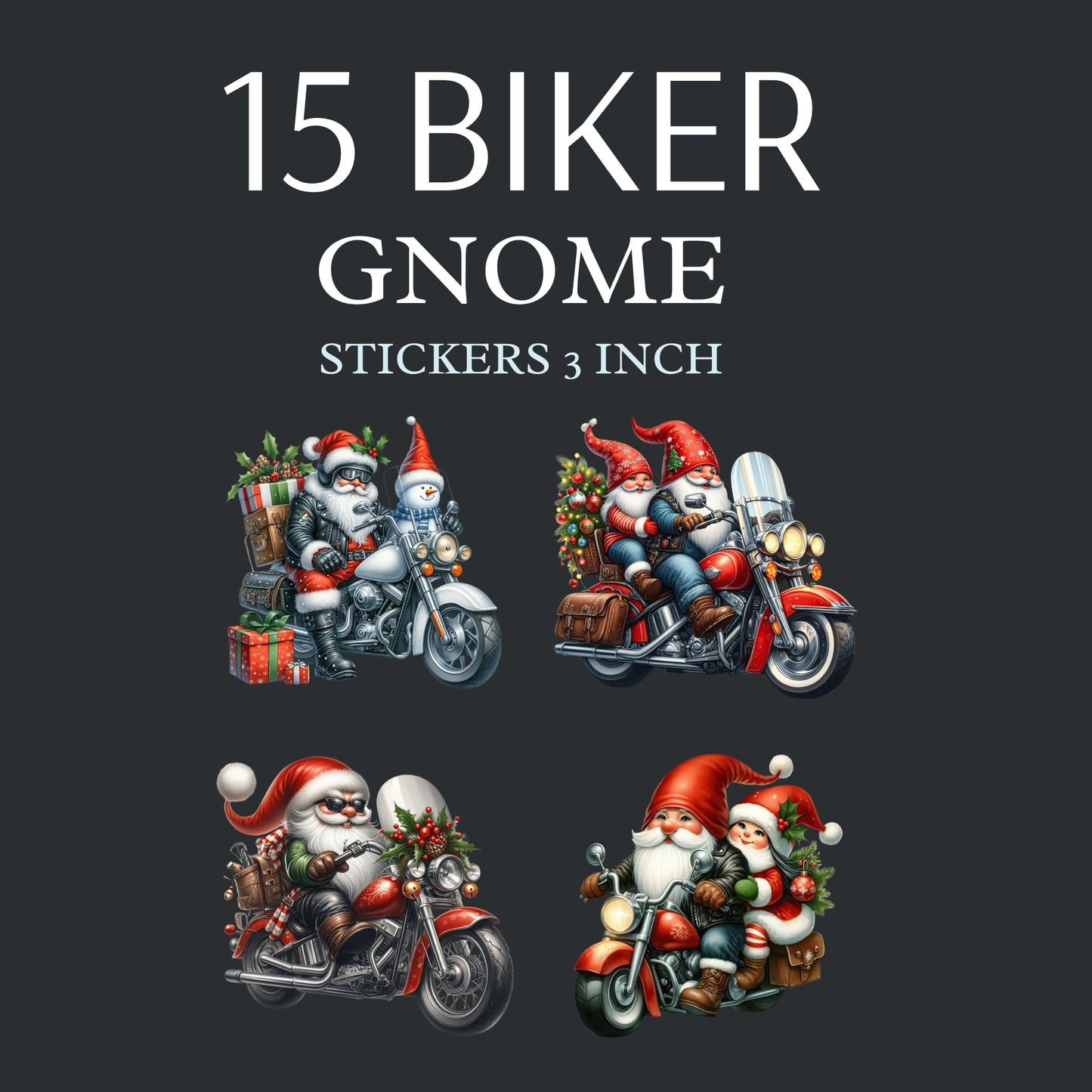 Christmas Biker Gnome Motorcycle Santa Stickers, Premium Vinyl Holiday Decals, 15 Pack, 3 Inch UV Resistant Decorative Stickers for Gifts, Laptops, Toolboxes