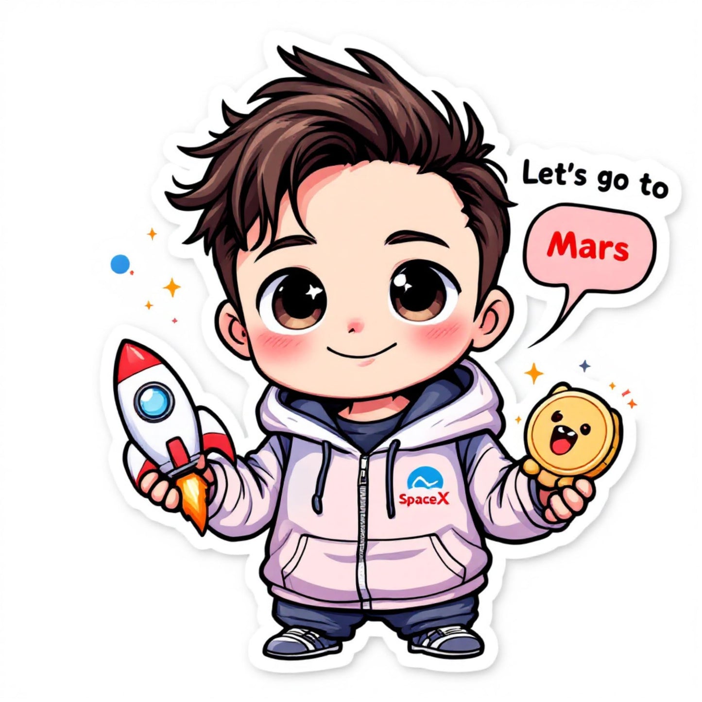 Kawaii Elon Musk Sticker Pack – 3 Cute Chibi Tech CEO Limited Edition Stickers (3x2 Inches) | SpaceX Rocket & Dogecoin Design | Funny Mars Quote | Laptop, Water Bottle, Journal, Gift