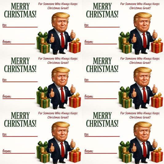 3 Sets of 6 (18 Tags) Trump Christmas Gift Tag Stickers – 3x2 Inch Writable Vinyl – to/from Holiday Stickers