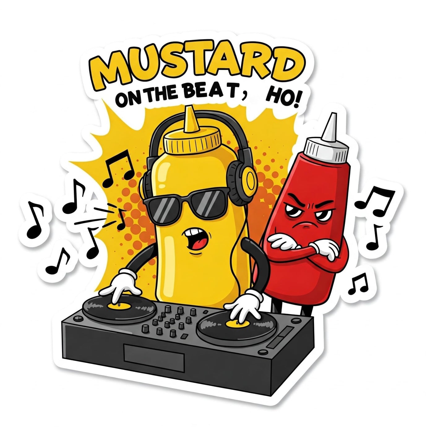 Mustard on The Beat, Ho! Vinyl Sticker | Funny DJ Cartoon | 3" x 2.25"