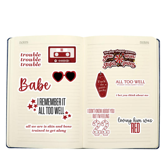 Red Era Lyric Inspired Sticker Pack, 12 Pack Waterproof Vinyl Stickers, 3 Inch Decals for Laptop, Water Bottle, Journal, Phone