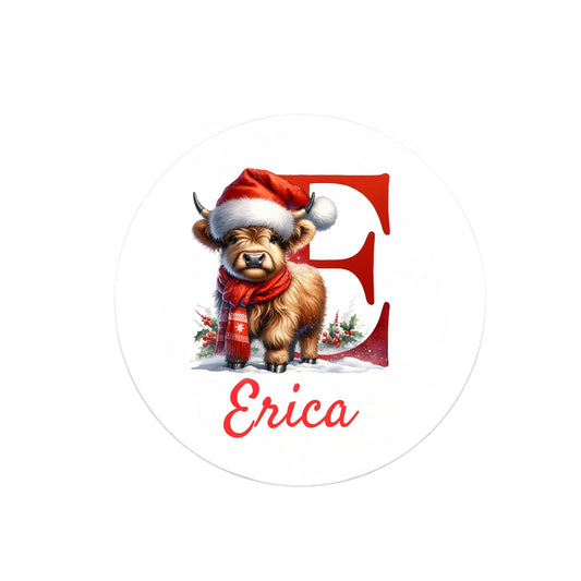 Christmas Name Sticker Pack – 20 Two Inch Round Stickers – Personalized Highland Cow Letter Stickers for Gifts Letters Envelopes Holiday Wrapping and Christmas Tags