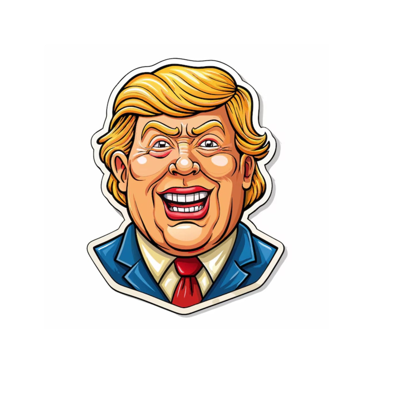 Political Cartoon Trump Vinyl Sticker, Laughing Expression Design, Blue Suit