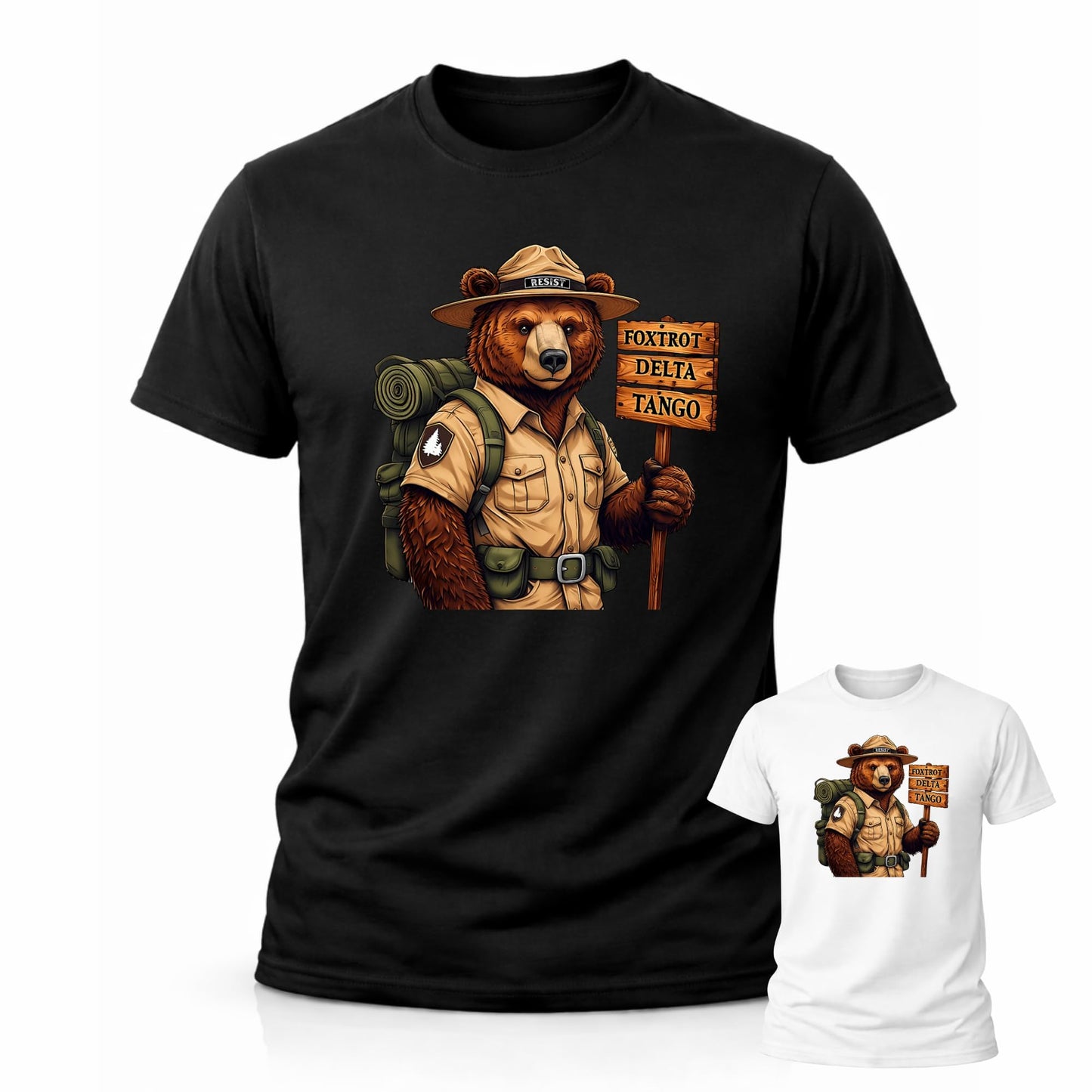 FDT Bear Ranger Graphic T-Shirt, Foxtrot Delta Tango Hiking Bear Design, 100% Cotton, Unisex Adult, Short Sleeve Crew Neck Black
