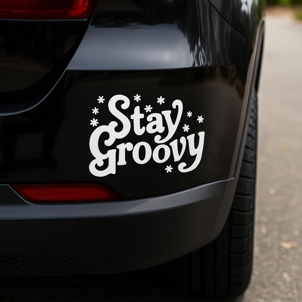 Stay Groovy Decal – 7" x 5.5" White Retro Vinyl Sticker for Cars, Laptops, Water Bottles – 70s Aesthetic Hippie Design