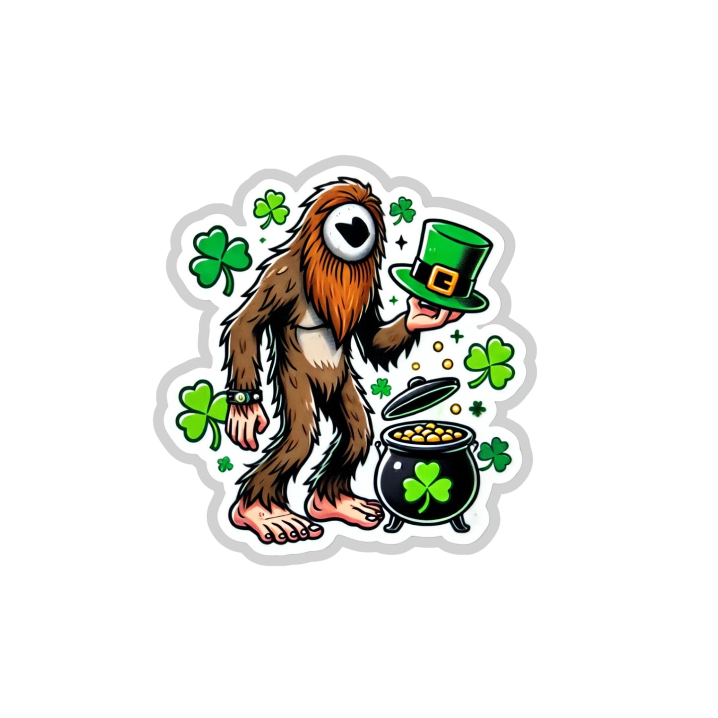 St. Patrick's Day Bigfoot Sticker, Irish Leprechaun Monster Vinyl Decal with Shamrocks and Pot of Gold. by RockPaperStikerz