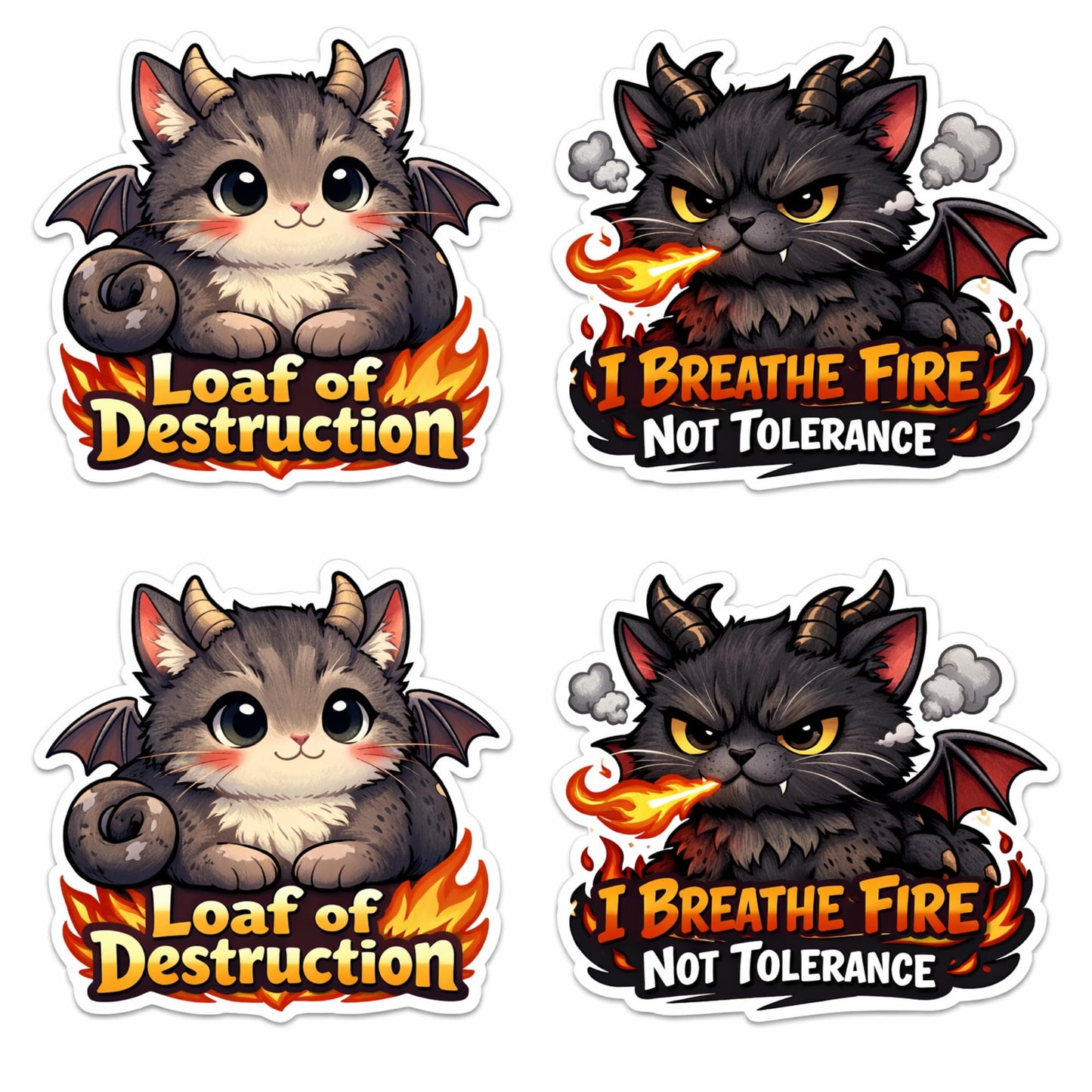 Cute Cat Dragon Stickers 4 Pack, Loaf of Destruction and I Breathe Fire Not Tolerance, 3 Inch Vinyl Die Cut Waterproof Stickers, Multicolor Cartoon Design for Laptops Water Bottles Cars