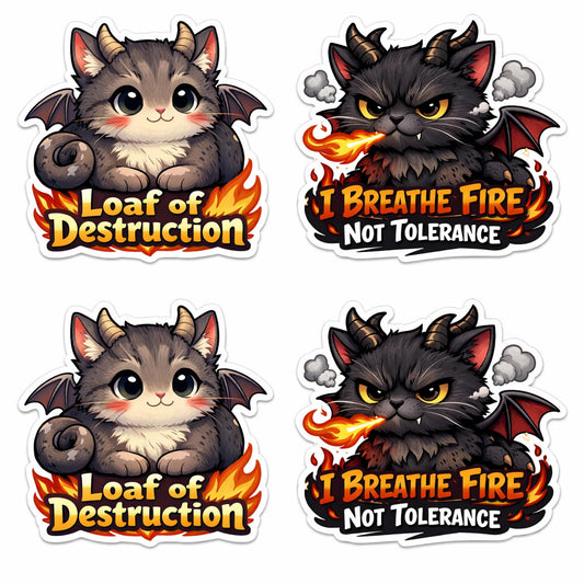 Cute Cat Dragon Stickers 4 Pack, Loaf of Destruction and I Breathe Fire Not Tolerance, 3 Inch Vinyl Die Cut Waterproof Stickers, Multicolor Cartoon Design for Laptops Water Bottles Cars