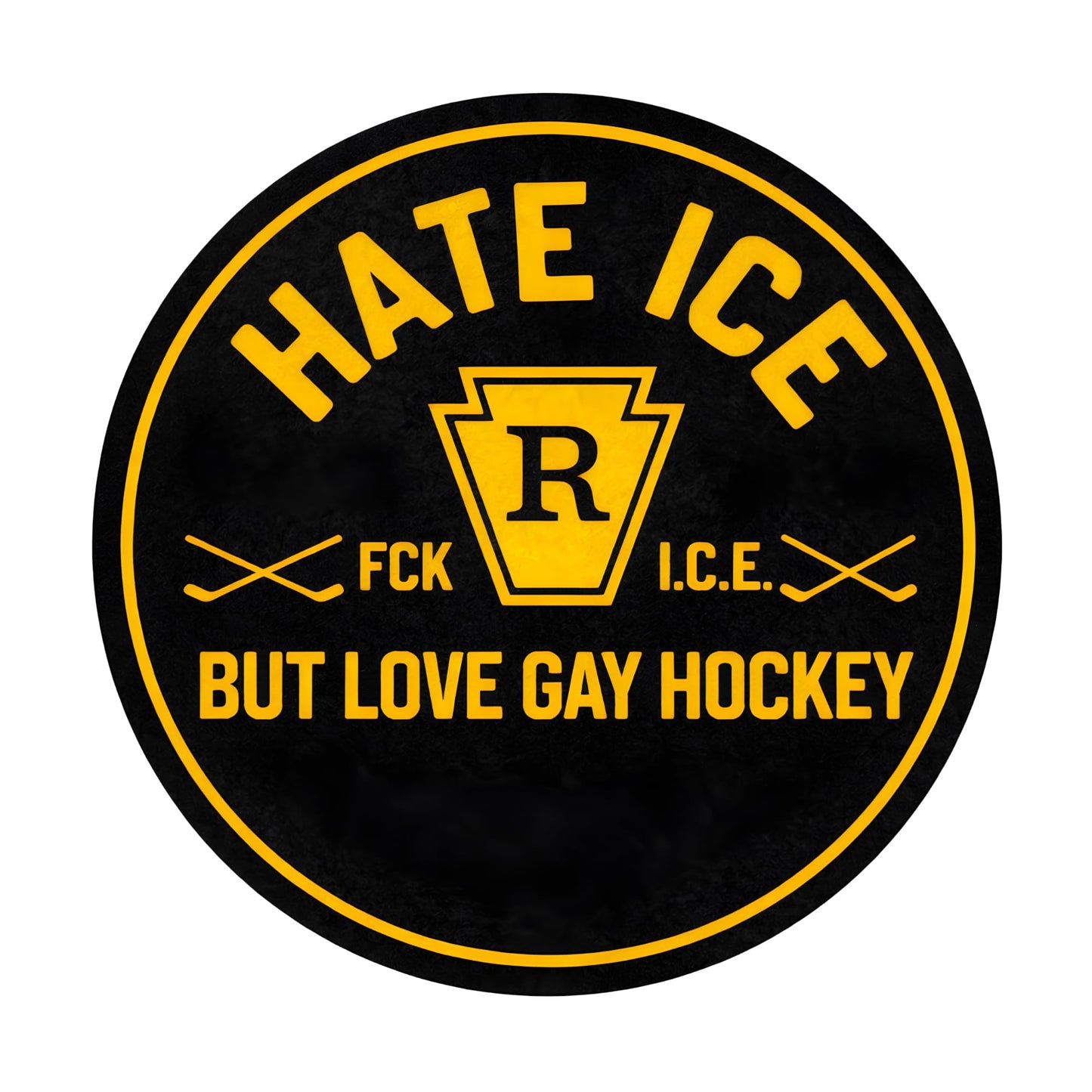 Hate Ice But Love Gay Hockey Vinyl Sticker, Waterproof Round Decal, Black and Yellow, 3 Inch or 5 Inch, 1 Pack or 3 Pack, for Laptop Water Bottle Car Bumper Tumbler