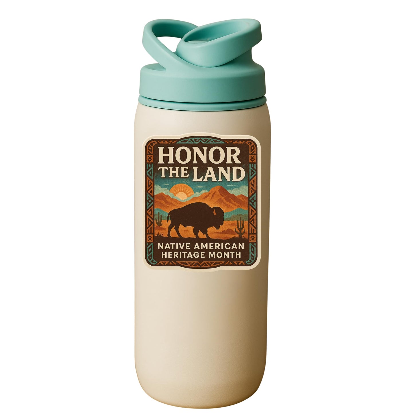 Honor The Land Native American Heritage Month Buffalo Vinyl Sticker, 5-Inch, Waterproof UV-Resistant Die-Cut Decal, Earth-Tone Desert Sunrise Design for Laptops, Water Bottles, Journals