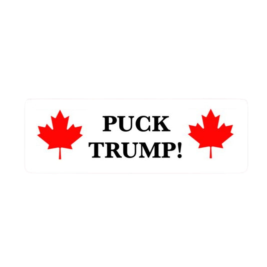 Puck Trump Canadian Maple Leaf Political Statement Vinyl Sticker, 5 x 1.5 inches, Black and Red
